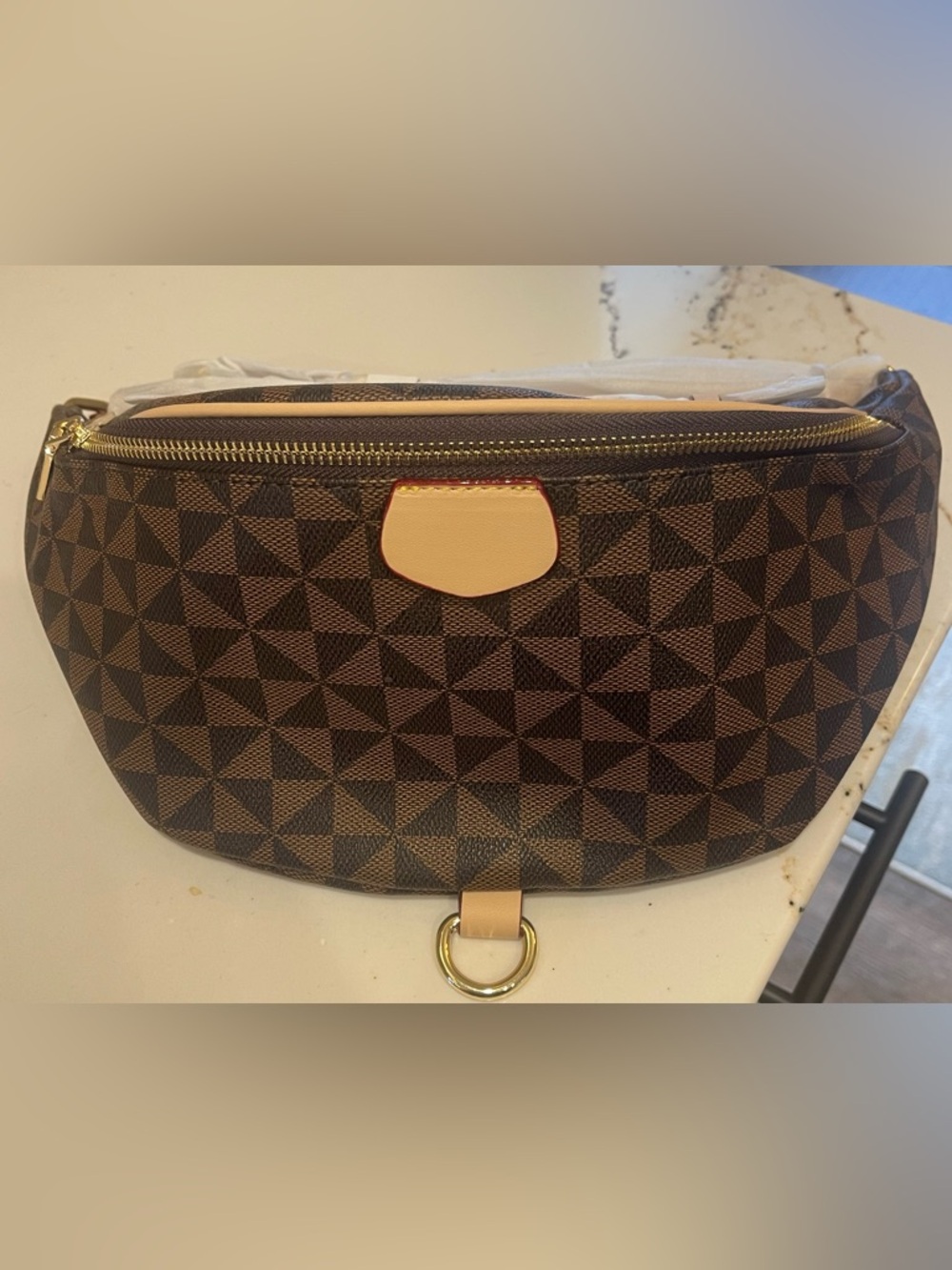 Geometric Brown Crossbody Belt Bag with Gold Hardware